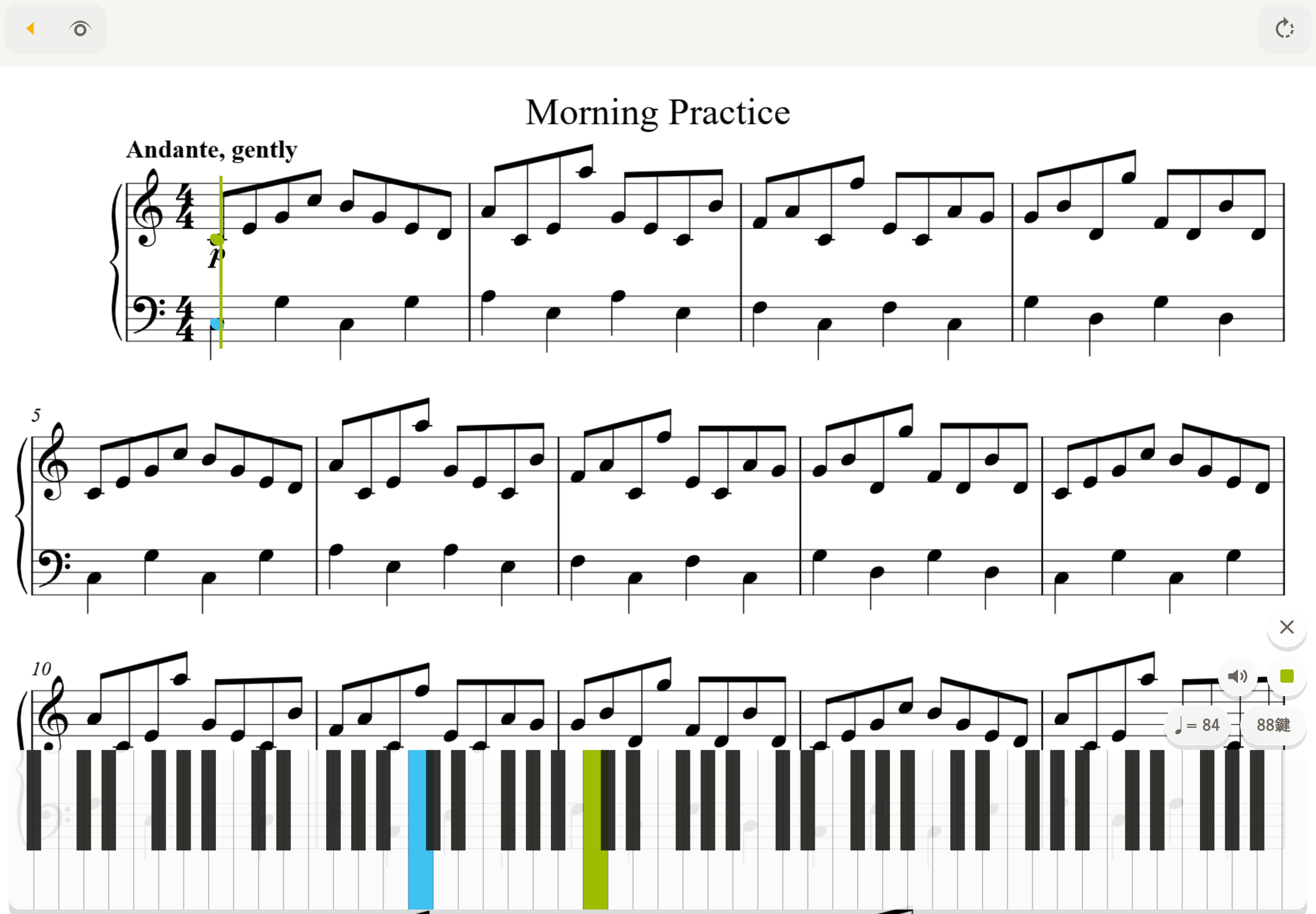 EMMU Score：MusicXML再生と鍵盤表示。デモデータ。